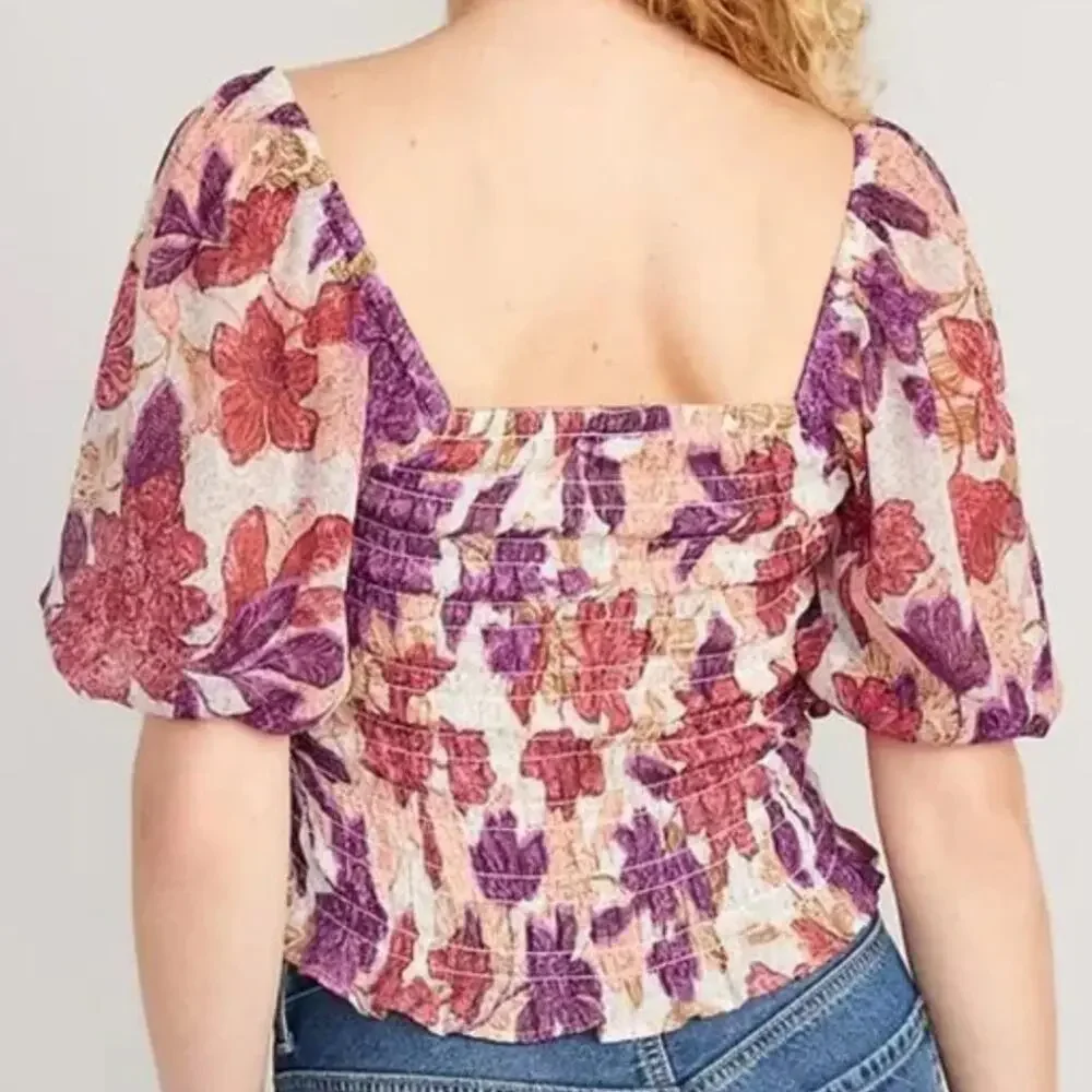 Old Navy Fitted Puff-Sleeve Smocked Top Autumn Leaves Size L